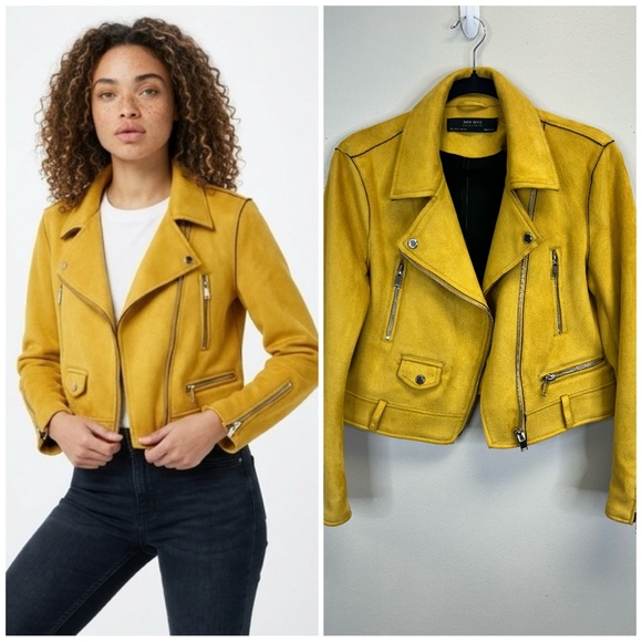 Zara Jackets & Blazers - Zara Mustard Yellow Faux Leather Biker Jacket Womens L Indie Rocker Grunge Outer